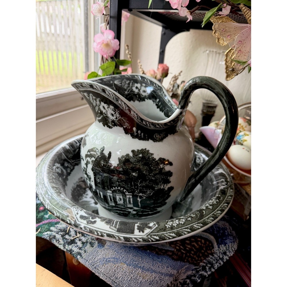 Pitcher & Bowl Set Wash Basin Black White Victoria Ware Ironstone 9" & 12" Bowl